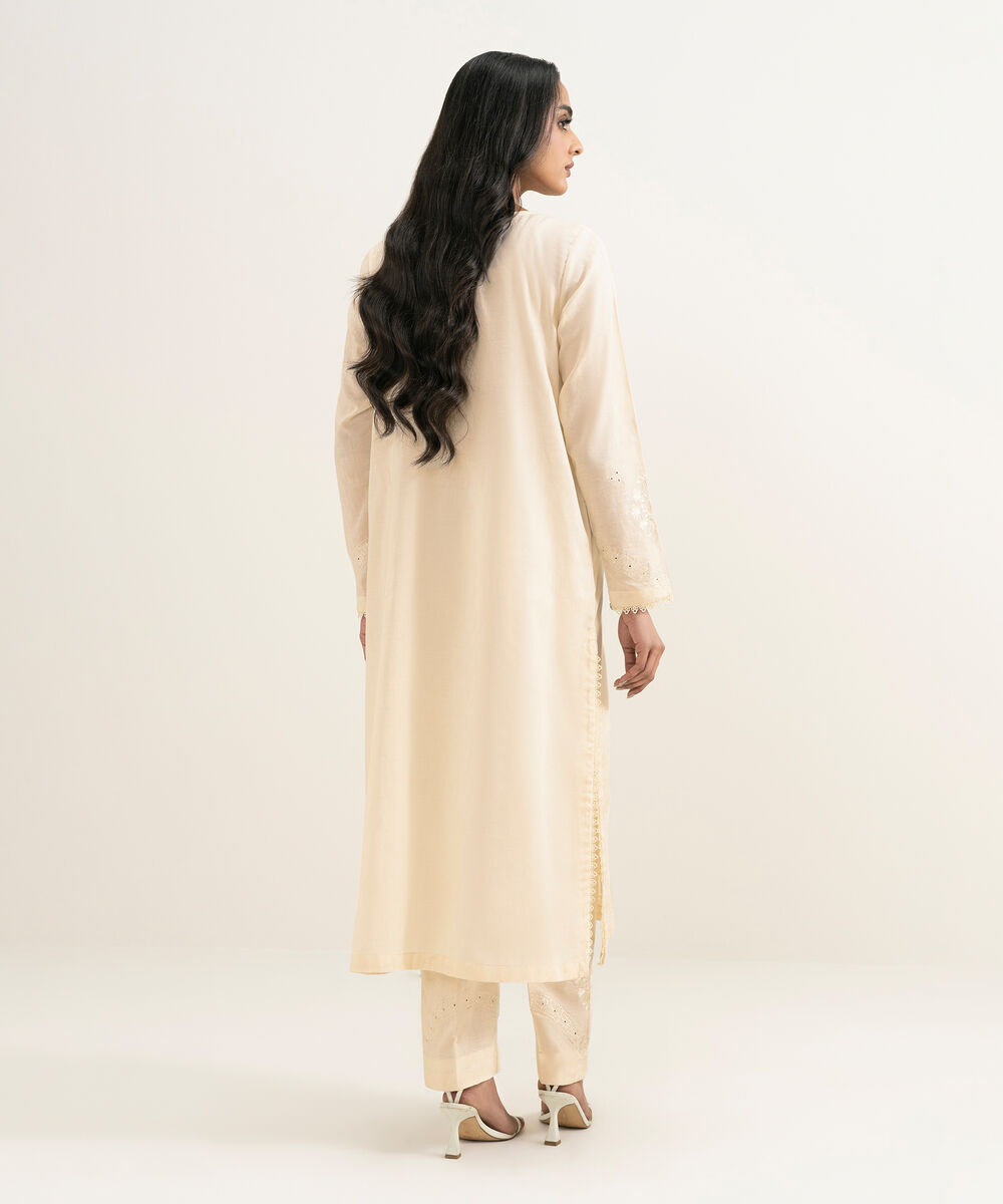 Women's RTW Self Jacquard Embroidered Off White A-Line Shirt