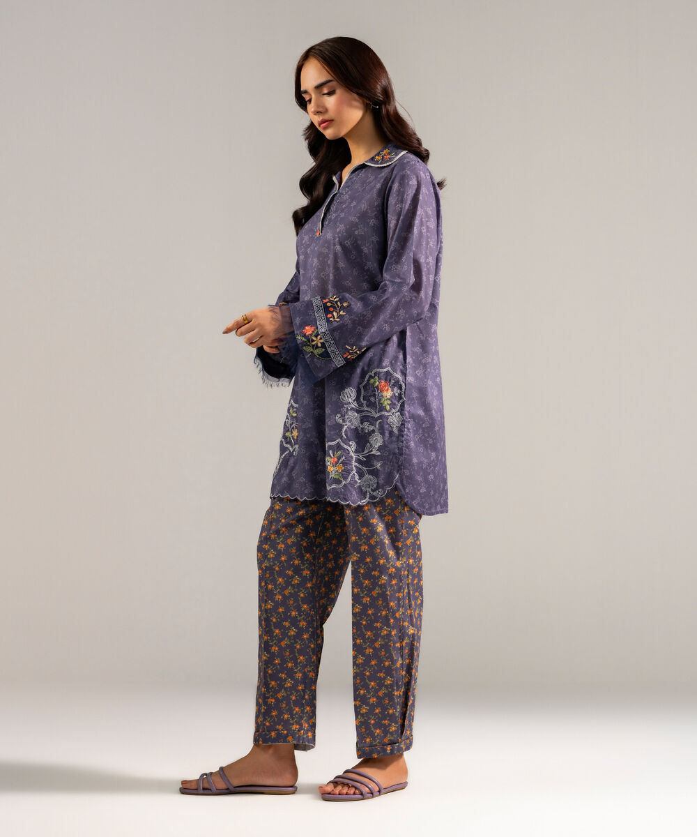 Women's RTW Lawn Embroidered Charcoal Grey Straight Shirt