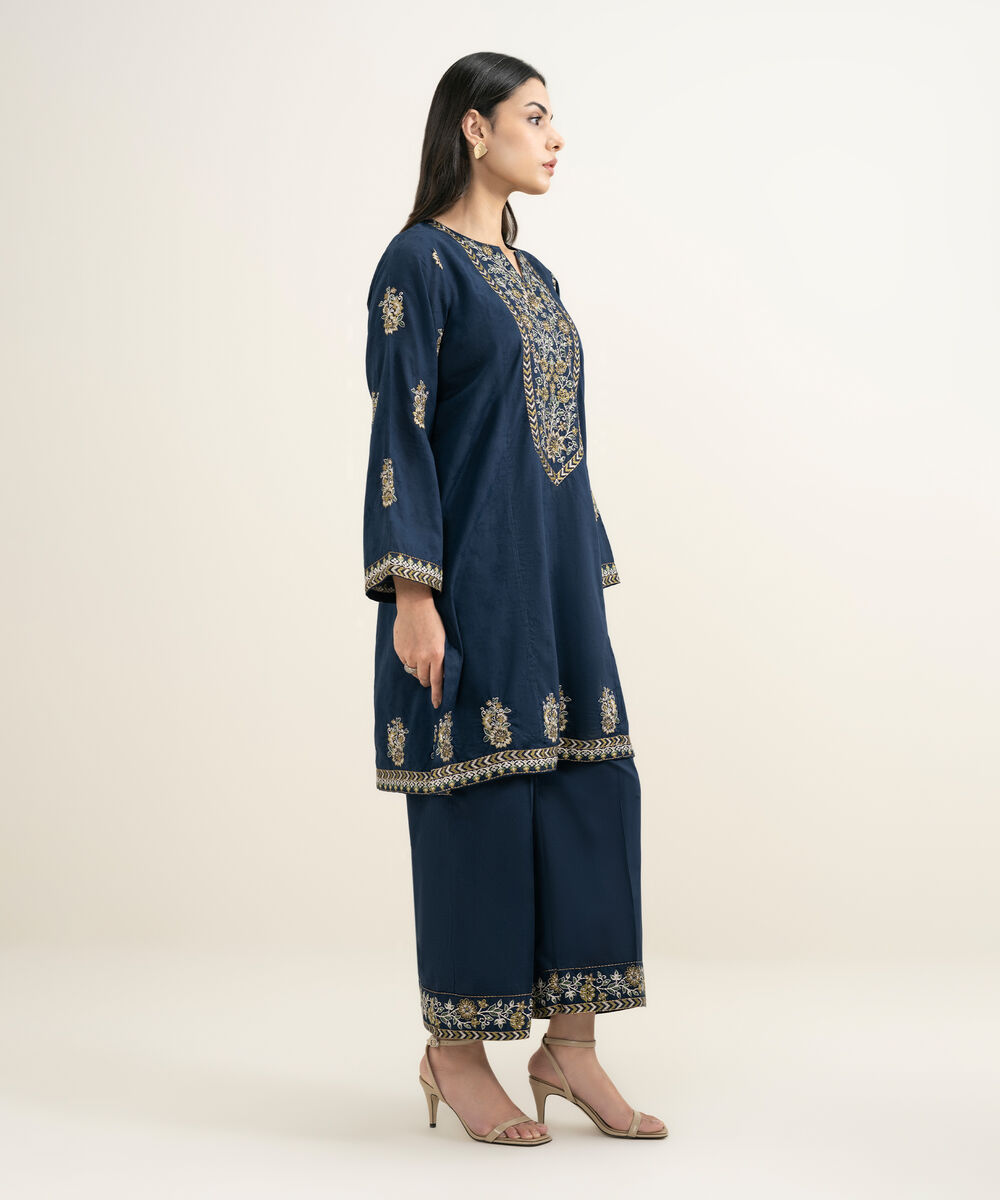 Women's RTW Self Jacquard Embroidered Blue Straight Shirt