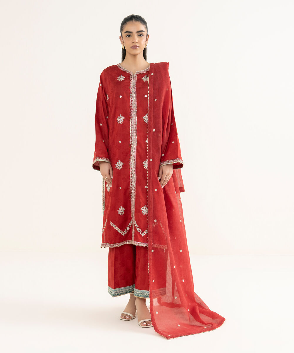 Women's RTW Self Jacquard Embroidered Red Straight Shirt