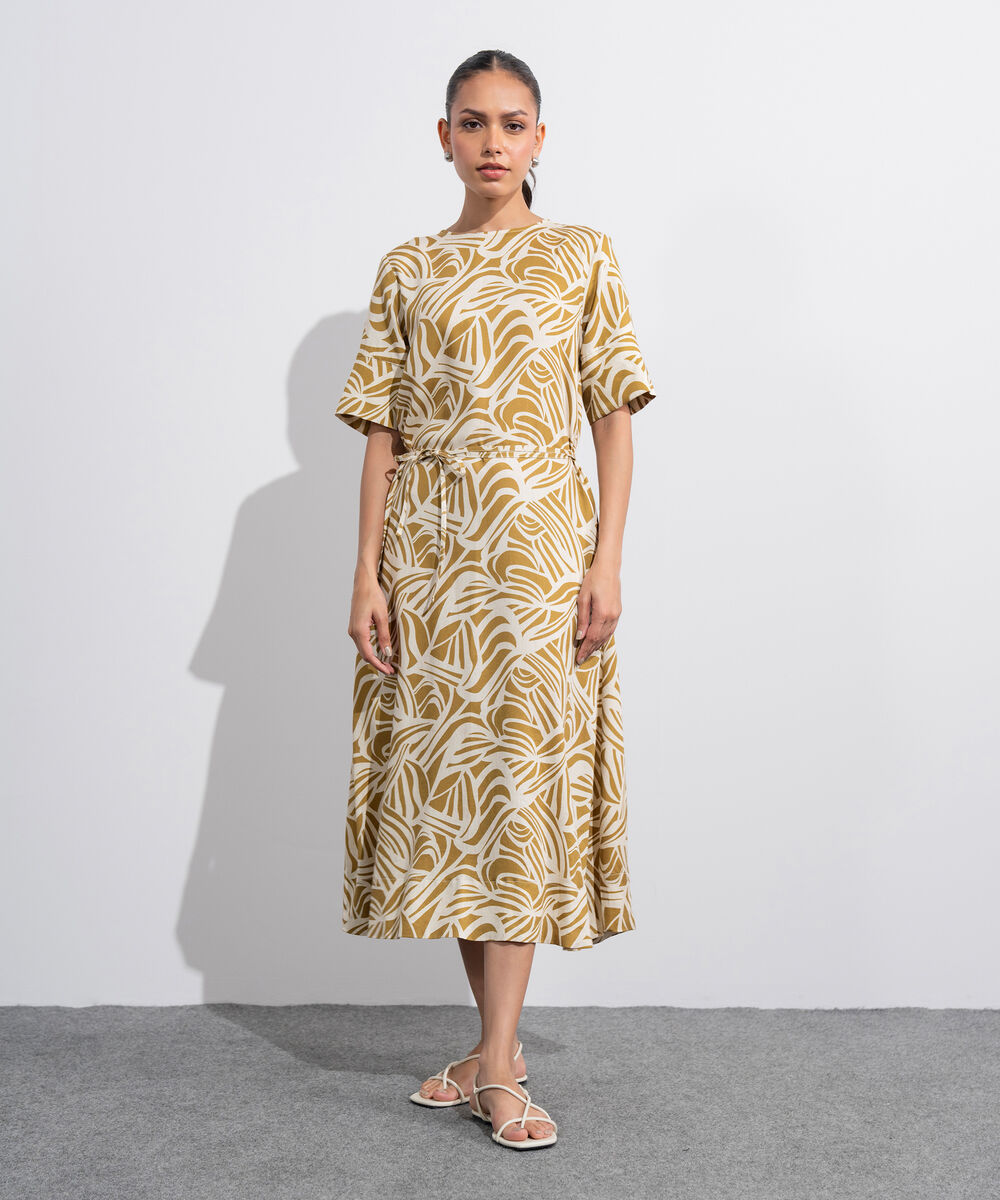 Women's Western Off White And  Musturd Linen Blend Printed Dress