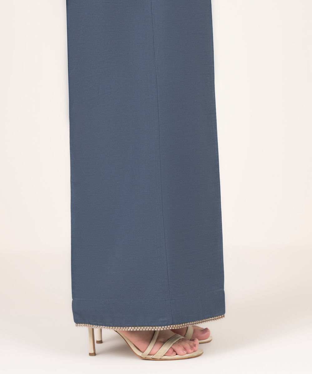 Women's RTW Cotton Solid Blue Flared Pants
