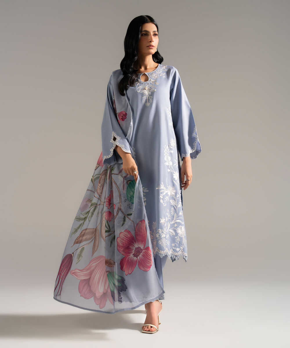 Women's RTW Dobby Crepe Embroidered Blue 3 Piece Suit