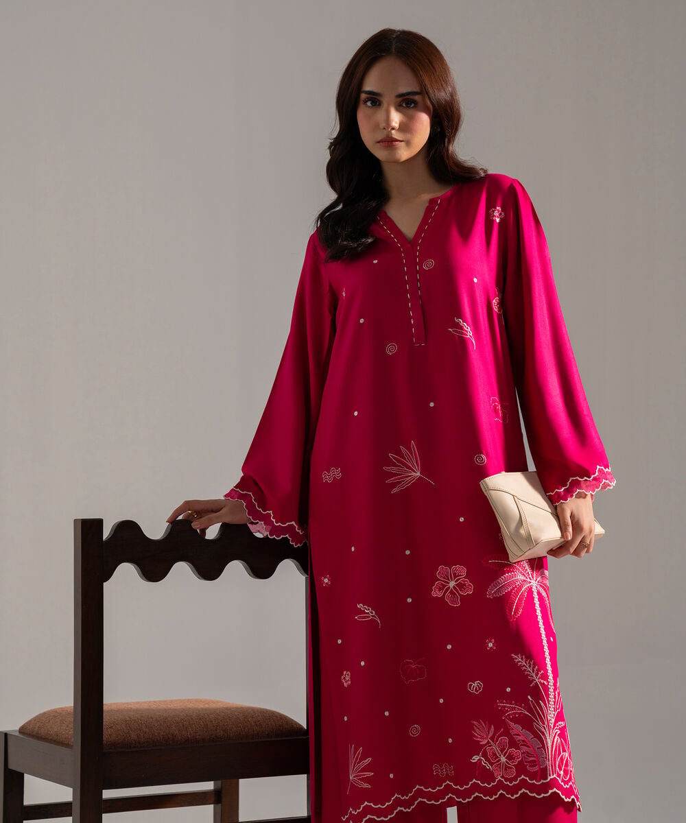 Women's RTW Solid Embroidered Pink Bedford Shirt