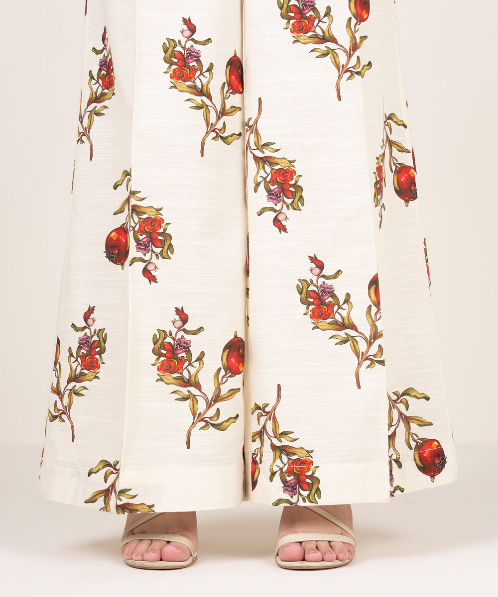 Women's RTW Khaddar Printed Off White Flared Pants