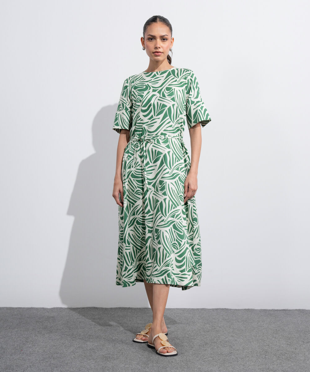 Women's Western Off White And  Green Linen Blend Printed Dress