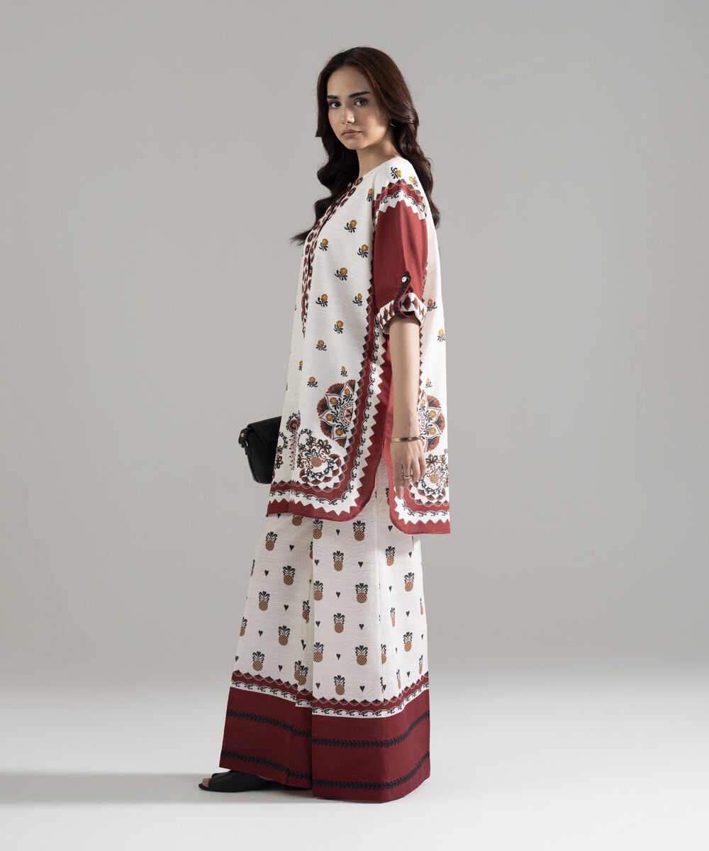 Women's RTW Khaddar Printed White Boxy Shirt