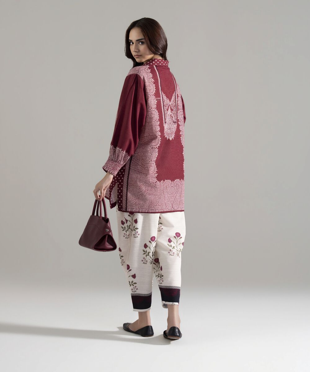 Women's RTW Khaddar Printed Maroon Straight Shirt