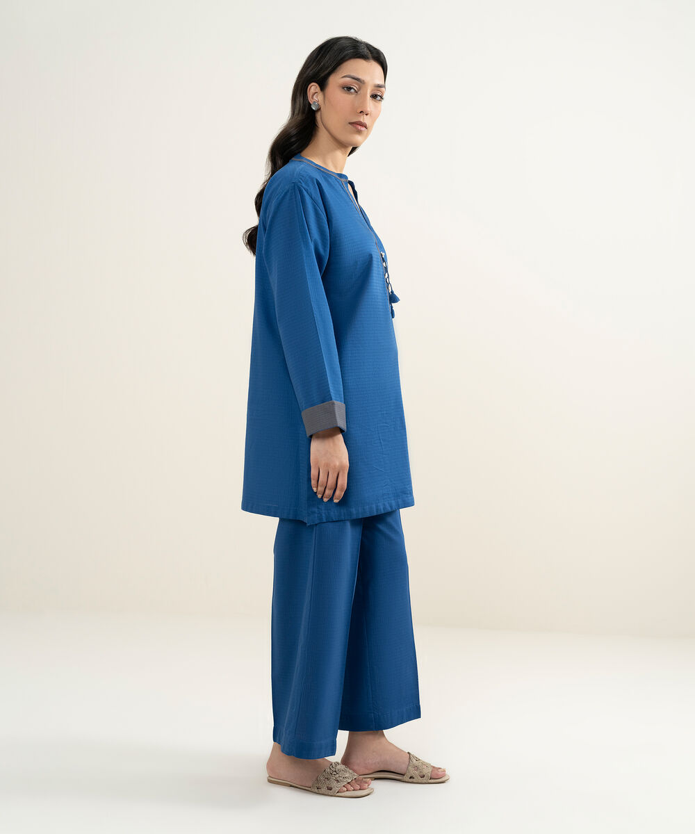 Women's RTW Dobby Solid Blue Straight Shirt