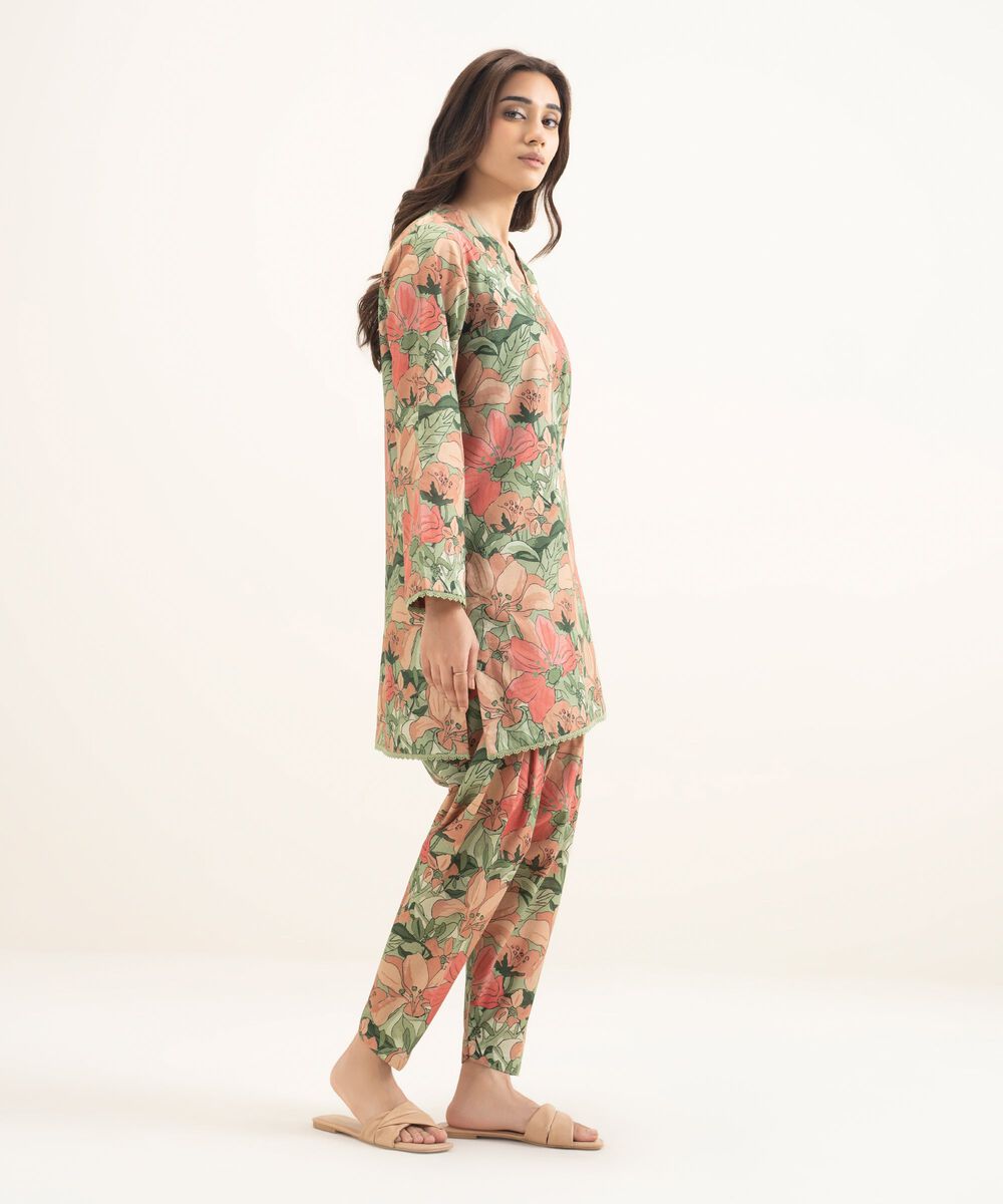 Women's RTW Cambric Printed Green Straight Shirt