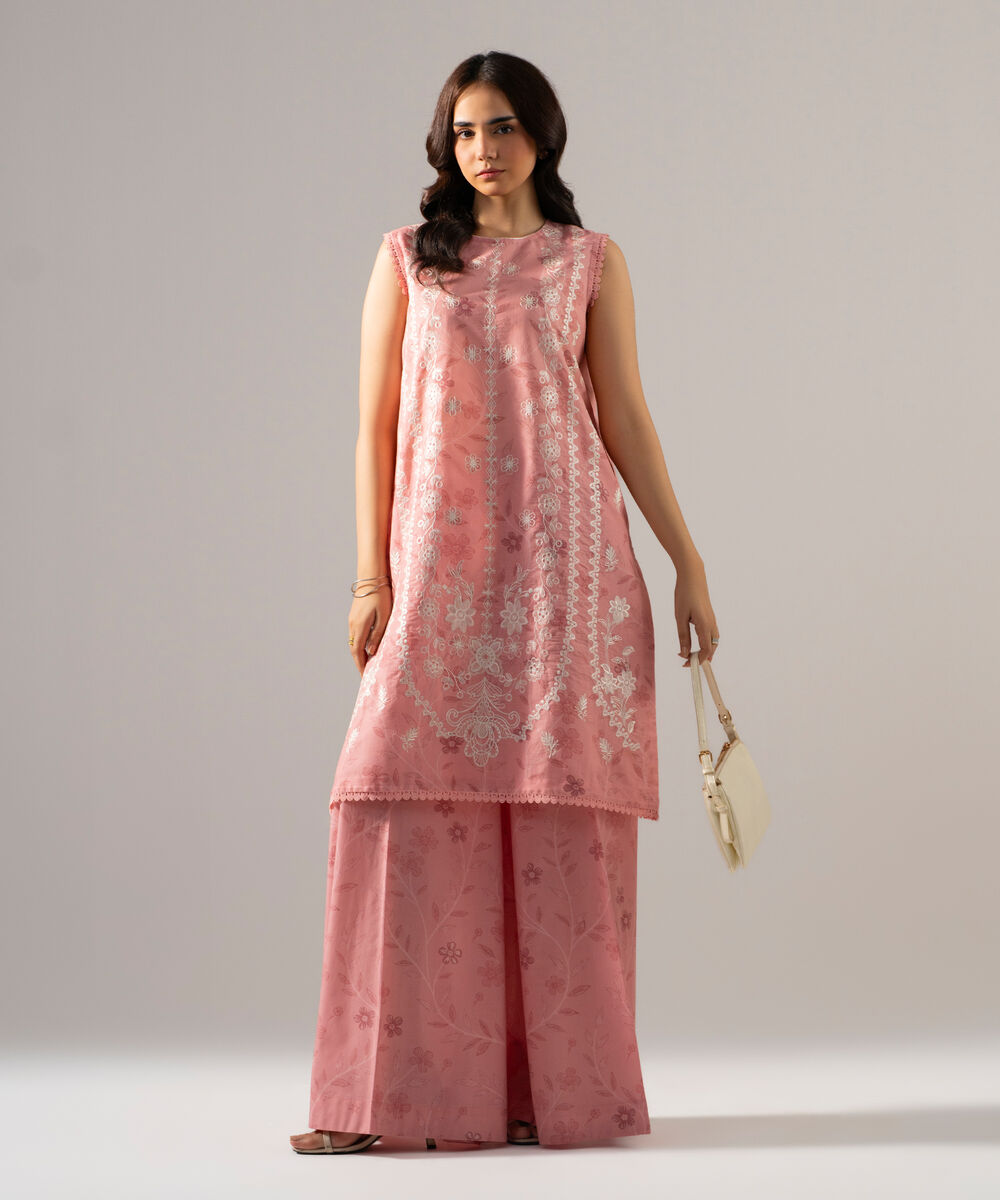 Women's RTW Fancy Khaddar Printed Embroidered Pink 2 Piece Suit