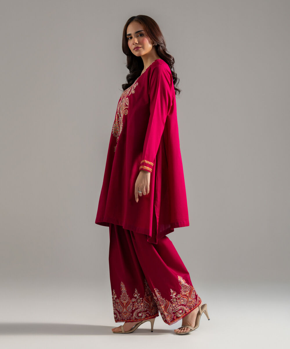 Women's RTW Lawn Solid Embroidered Maroon Flared A-Line