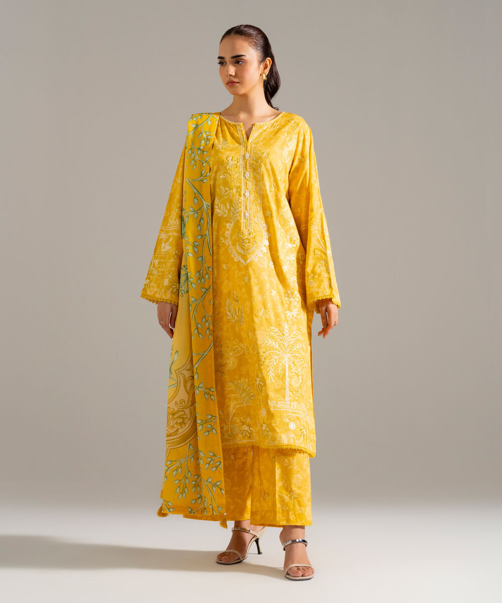 Women's RTW Lawn Embroidered Yellow 3 Piece Suit