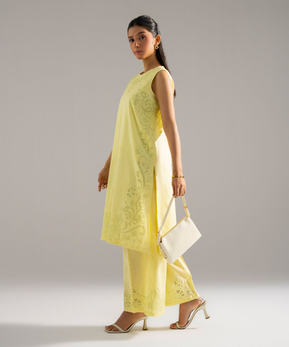 Women's RTW Cross Hatch Solid Embroidered Lime Yellow 2 Piece Suit