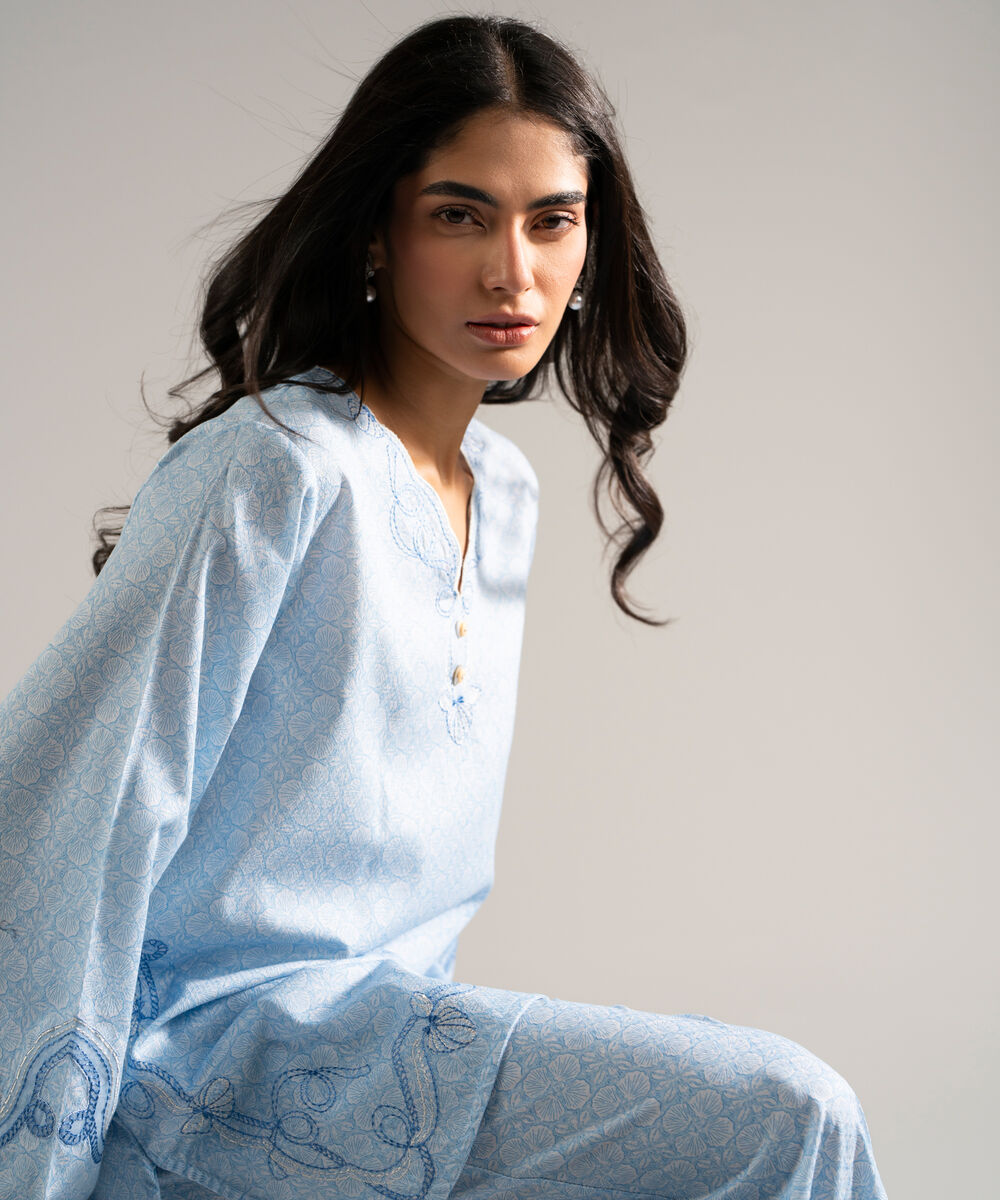 Women's RTW Dobby Embroidered Blue Straight Shirt
