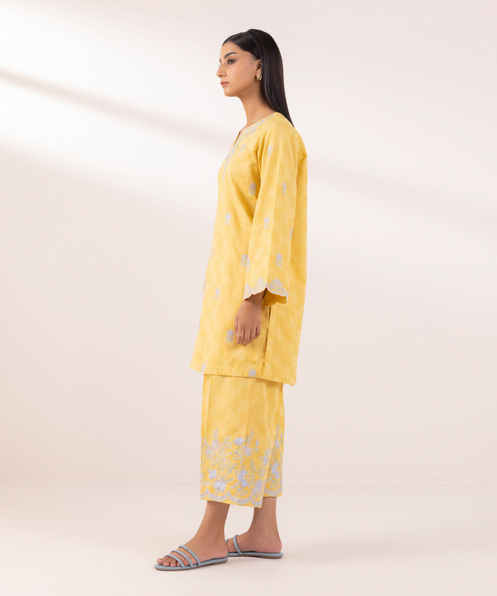 Women's Pret Cotton Jacquard Embroidered Yellow A-Line Shirt