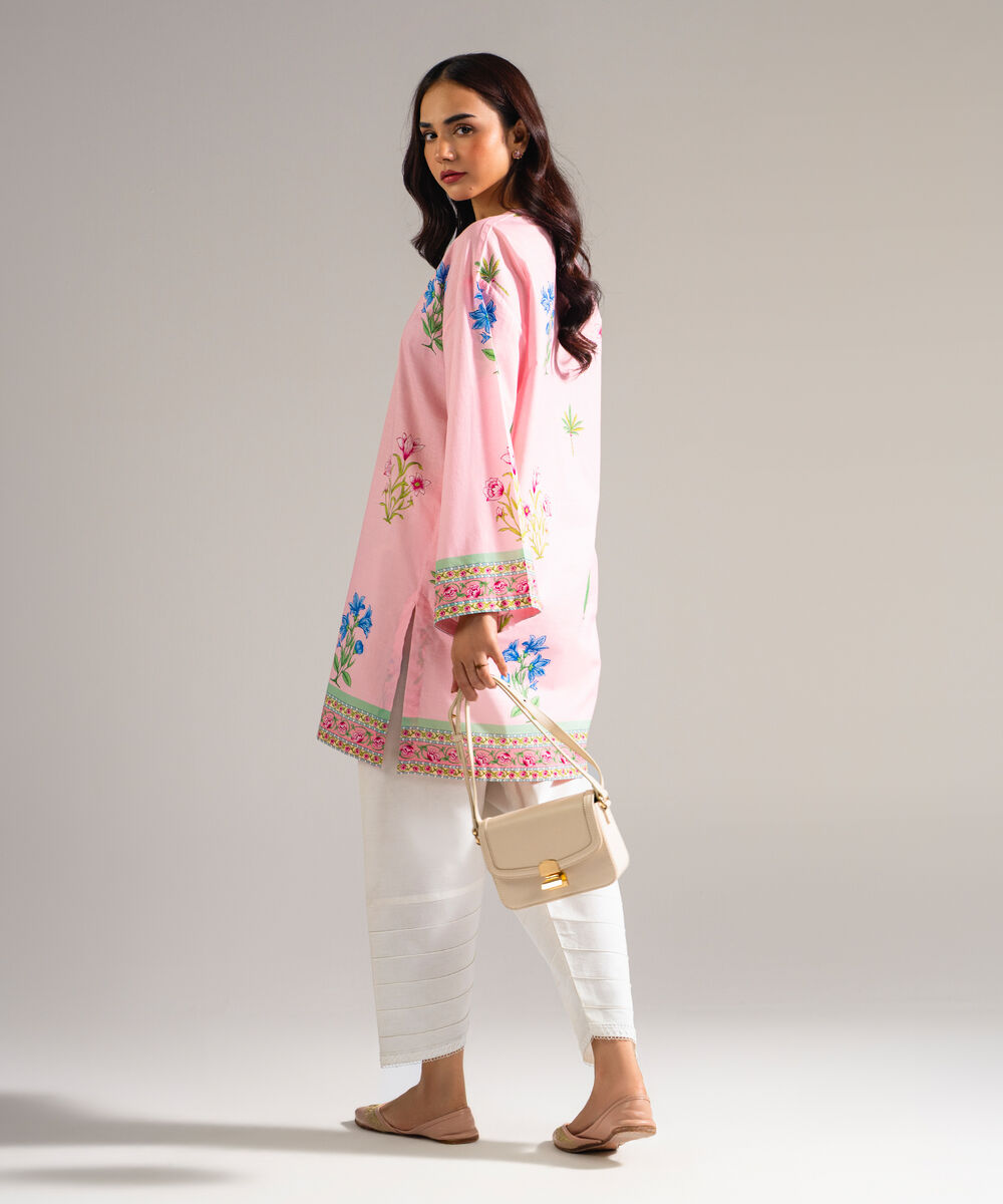 Women's RTW Slub Lawn Printed Pink Drop Shoulder Shirt