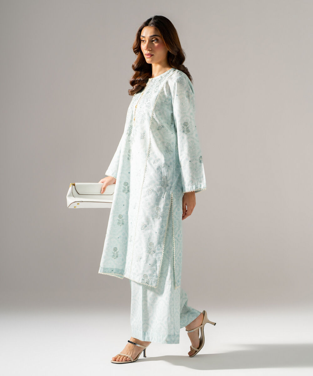 Women's RTW Fancy Khaddar Printed Embroidered Ice Blue 2 Piece Suit