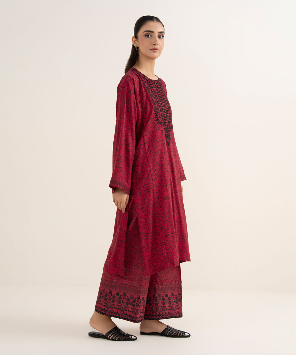 Women's RTW Herringbone Embroidered Red A-Line Shirt