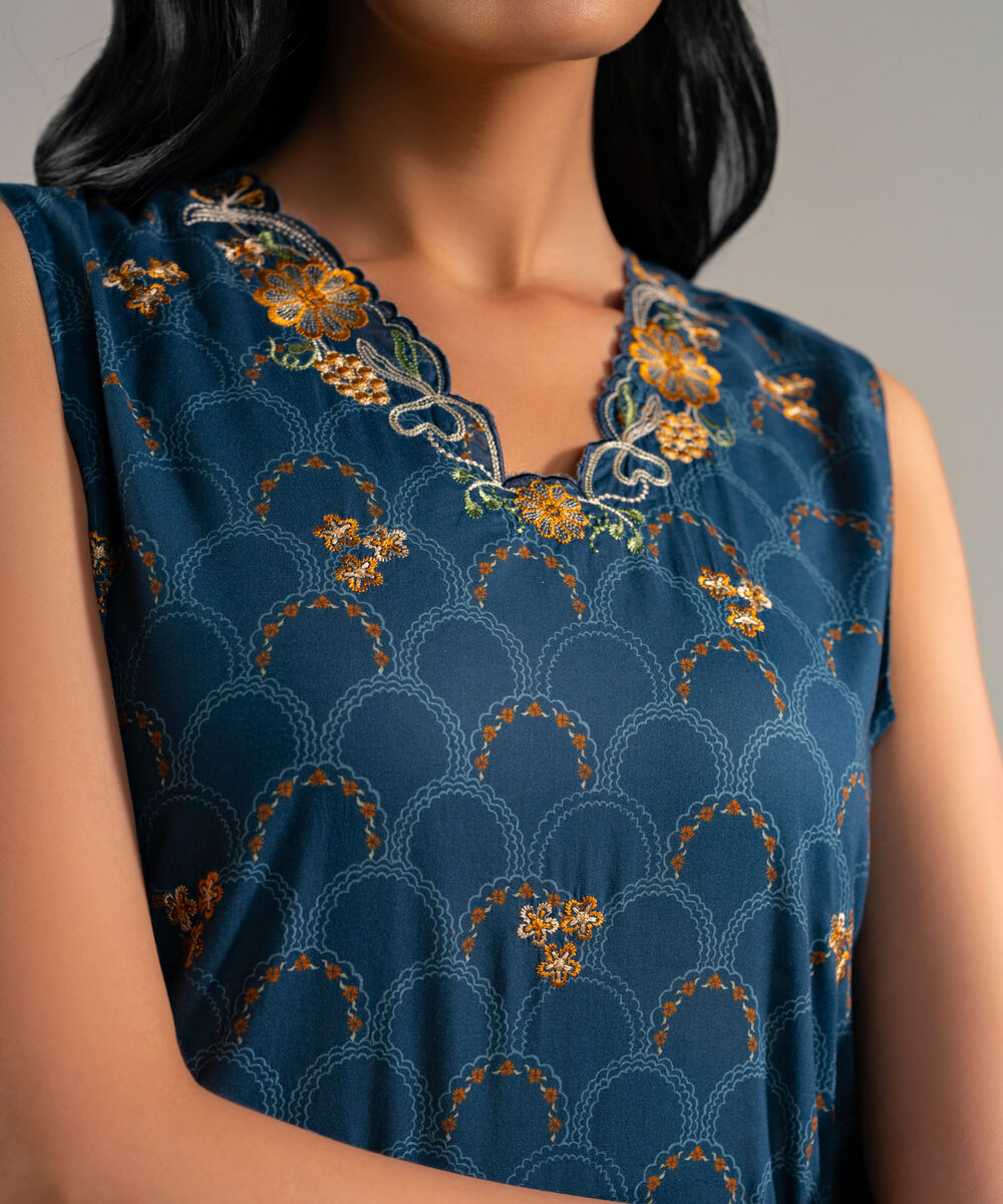 Women's RTW Lawn Embroidered Blue Straight Shirt