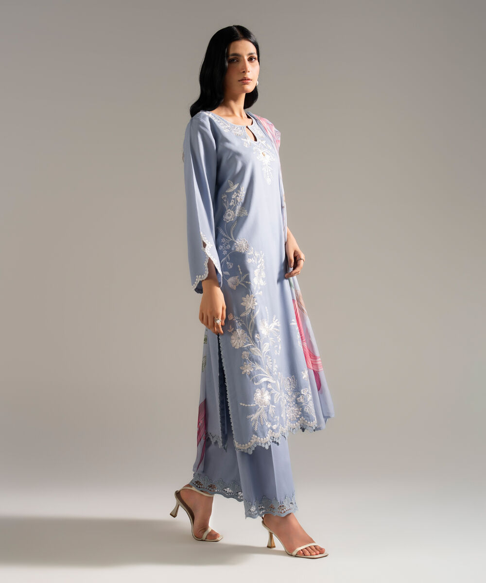 Women's RTW Dobby Crepe Embroidered Blue 3 Piece Suit
