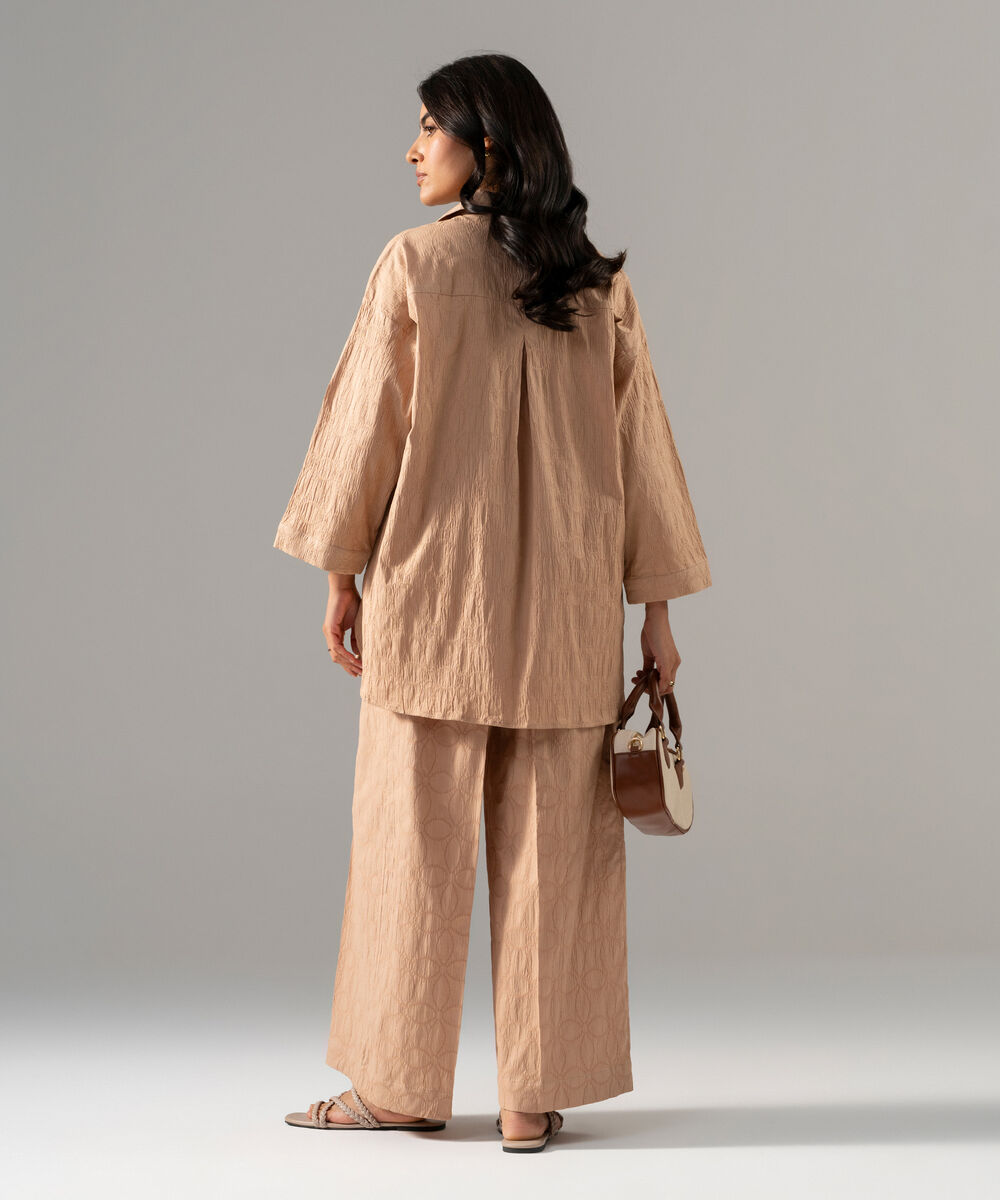 Women's RTW Textured Cotton Solid Beige 2 Piece Suit