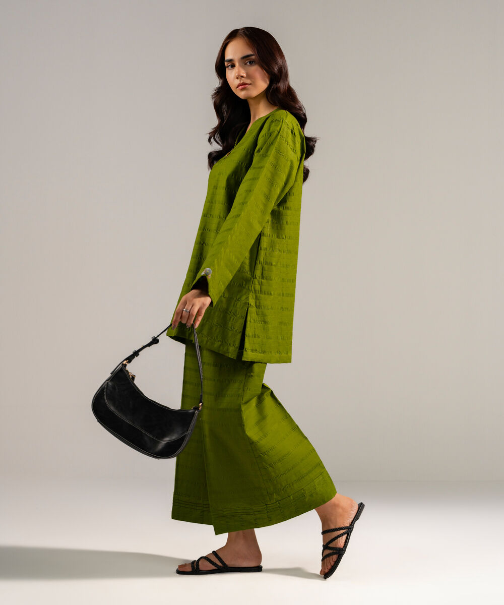 Women's RTW Seersucker Solid Green 2 Piece Suit