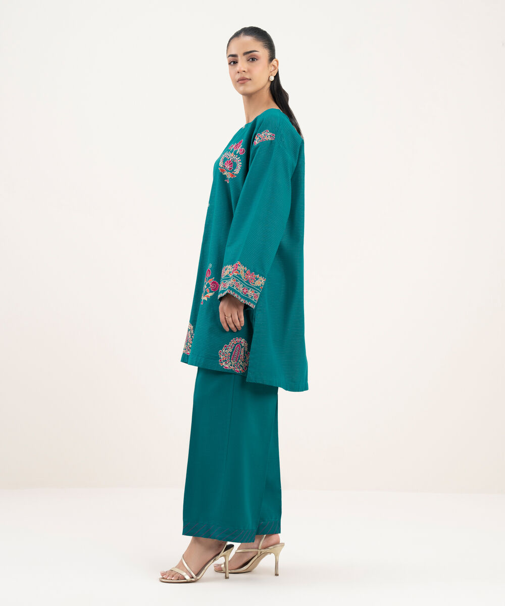 Women's RTW Zari Cotton Embroidered Straight BLue Shirt