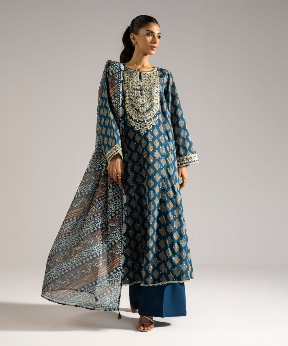 Women's RTW Lawn Embroidered Dark Blue 3 Piece Suit