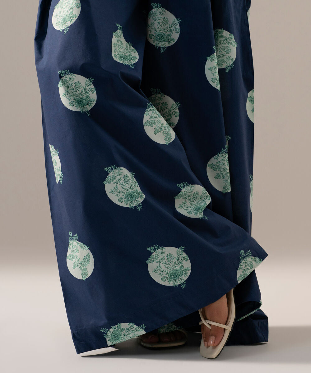 Women's RTW Poplin Printed Dark Blue Flared Pants