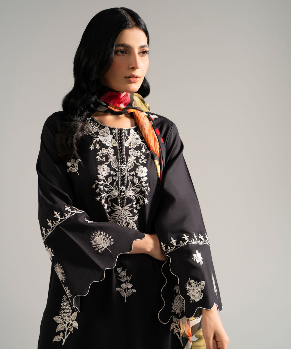 Women's RTW Dobby Crepe Embroidered Black 3 Piece Suit