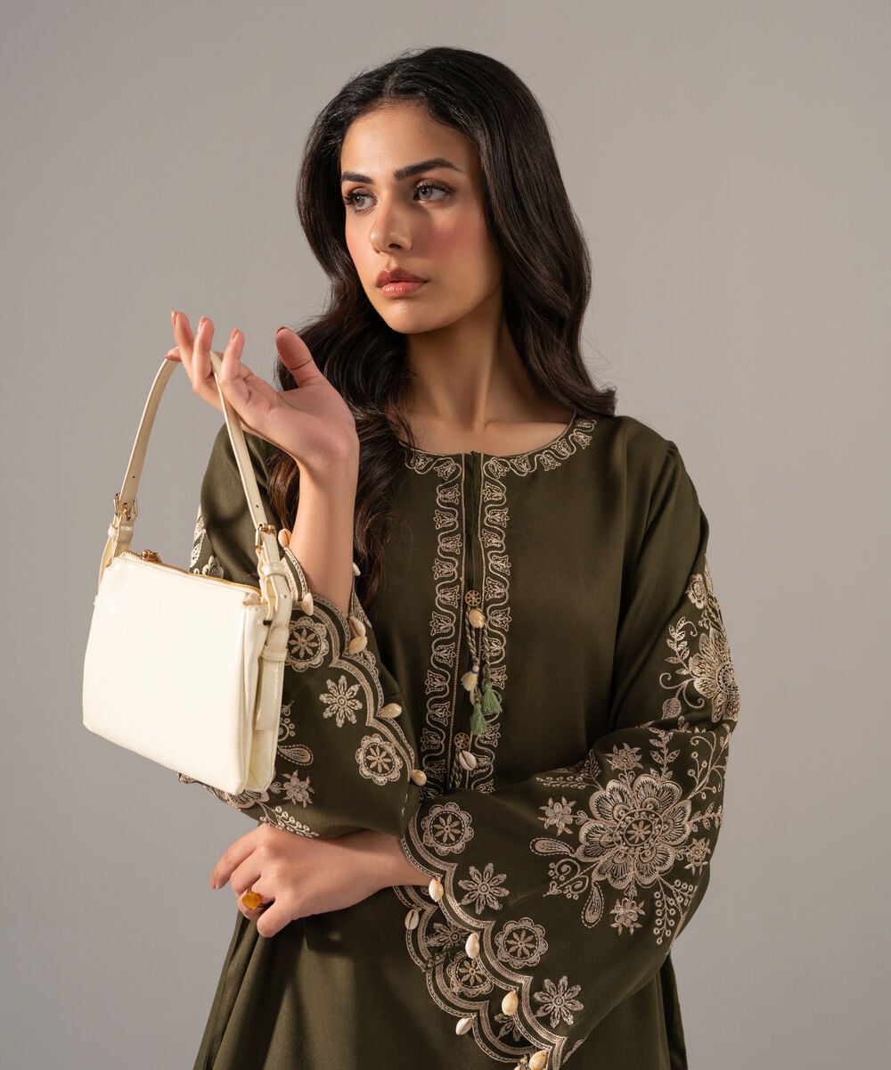Women's RTW Bedford Solid Embroidered Green Straight Shirt