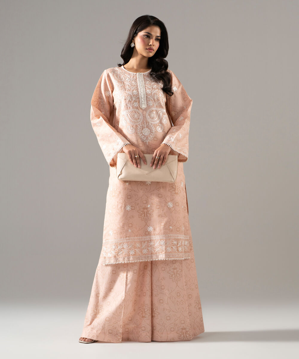 Women's RTW Fancy Khaddar Printed Embroidered Pink 2 Piece Suit