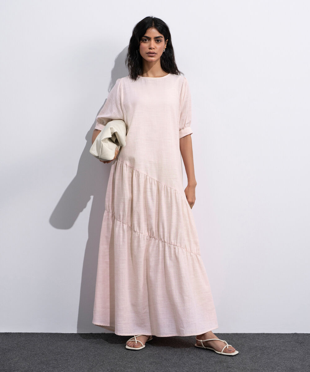 Women's Pink Asymmetrical Panels Midi Dress