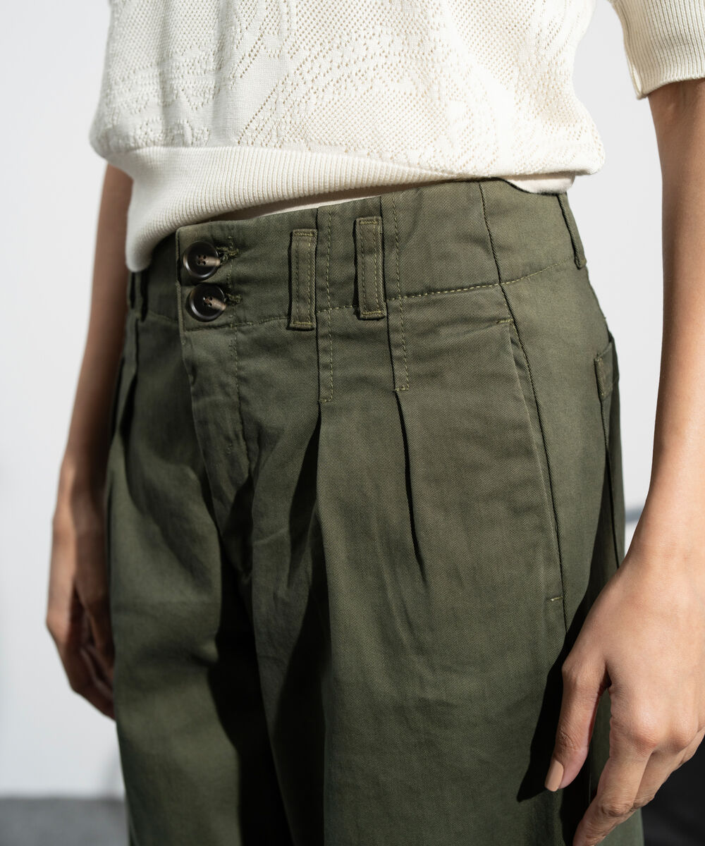 Women's Western Green Khaki Wide Leg Pleated Chino Trousers