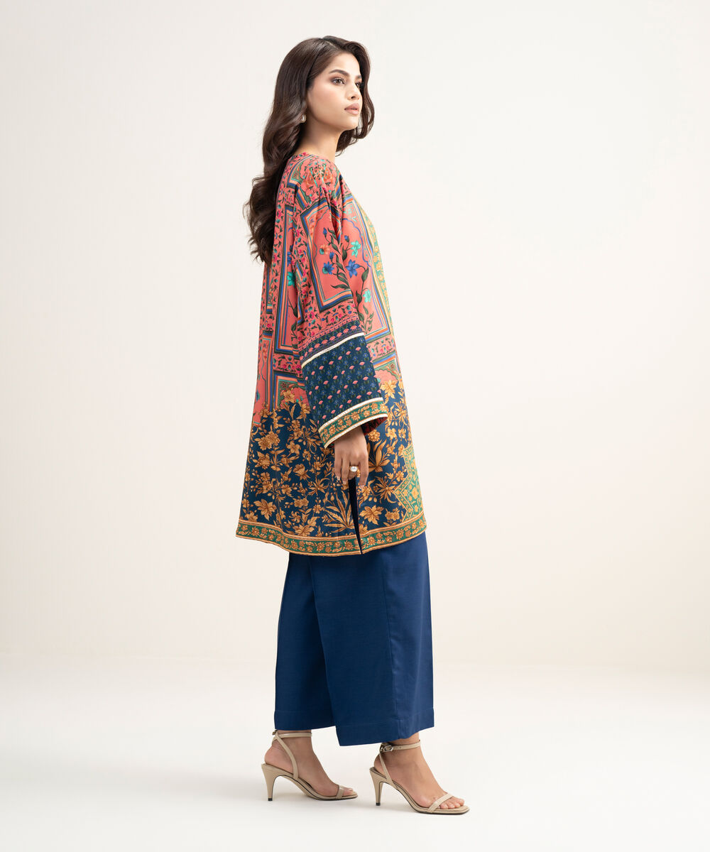 Women's RTW Premium Visocose Satin Printed Pink Drop Shoulder Shirt