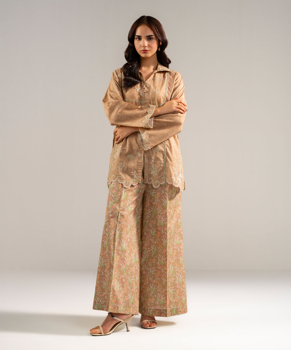 Women's RTW Lawn Embroidered Dark Beige Straight Shirt
