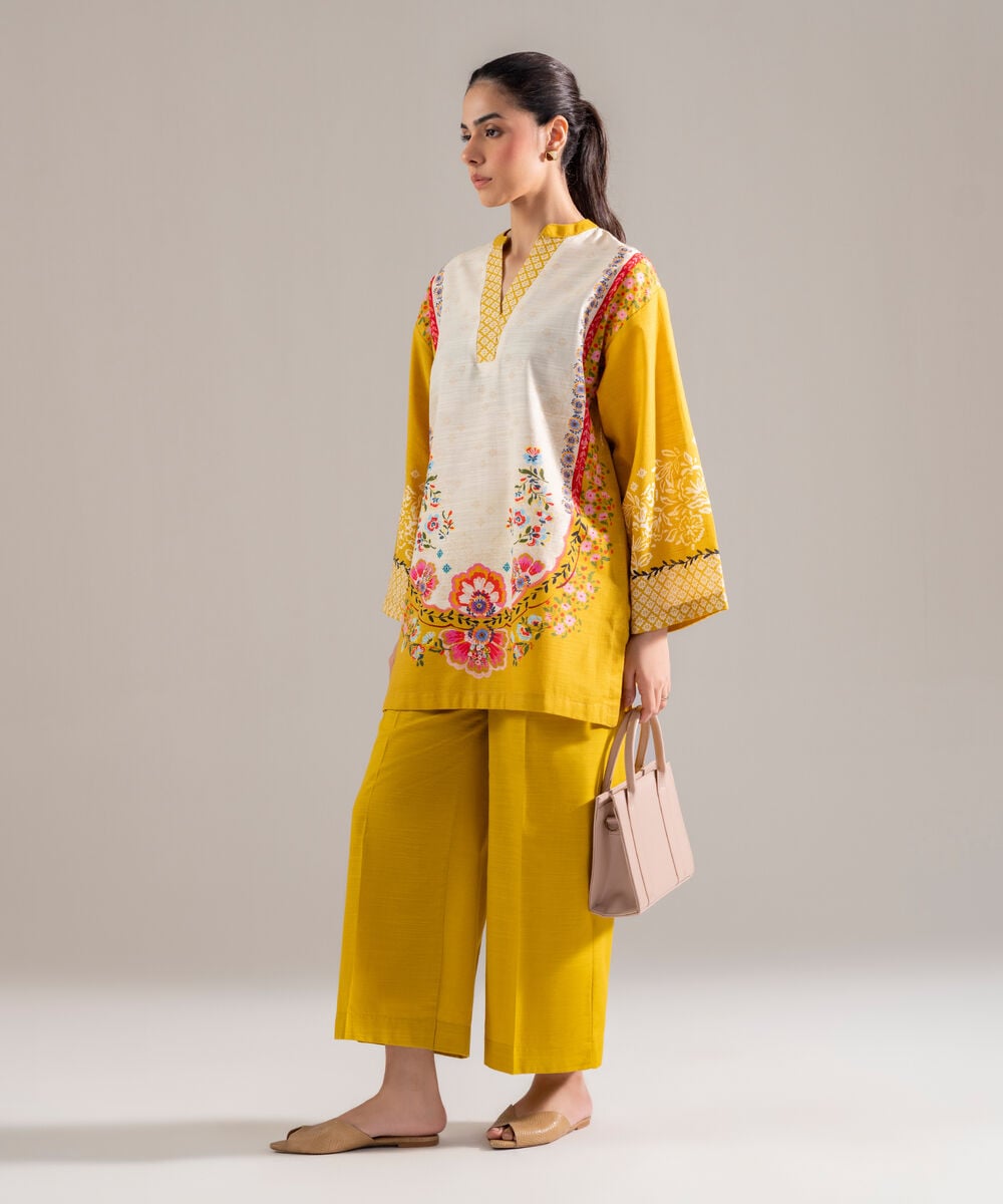 Women's RTW Khaddar Printed Mustard 2 Piece Suit