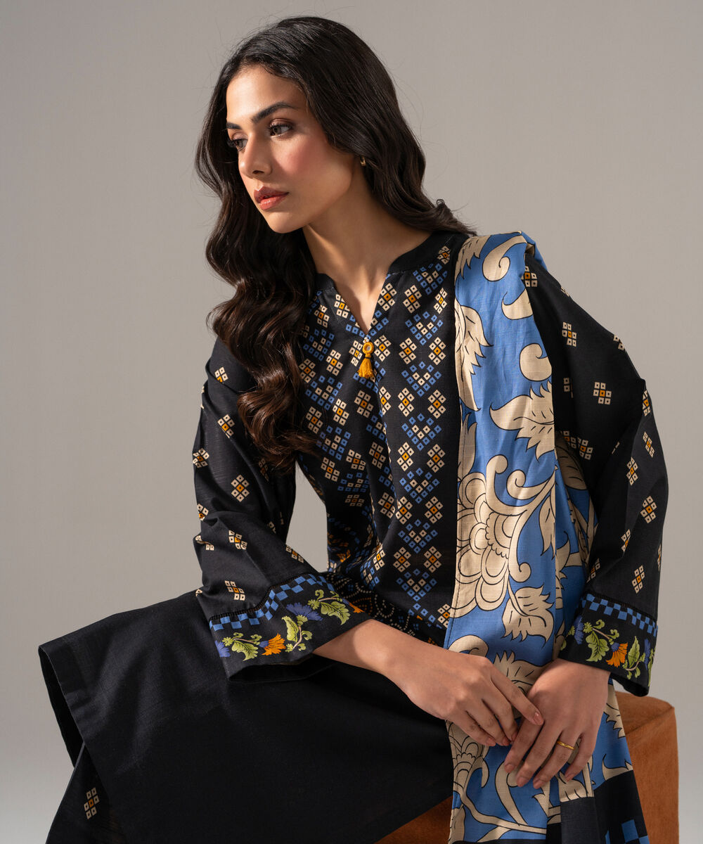 Women's RTW Khaddar Printed Black 3 Piece Suit