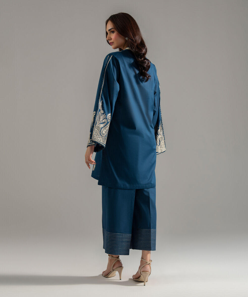 Women's RTW Lawn Solid Embroidered Teal Straight Shirt
