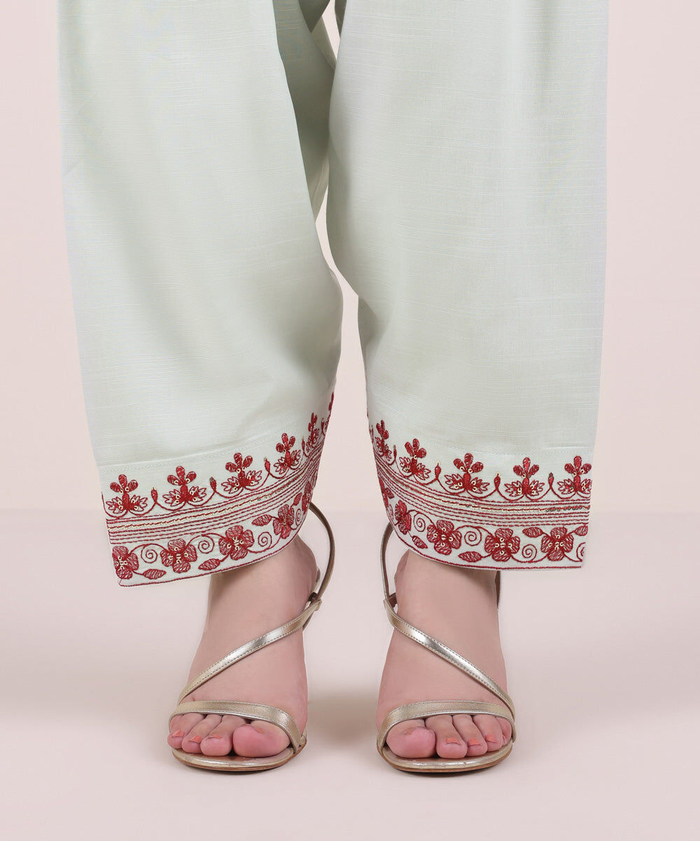 Women's Pret Dull Raw Silk Embroidered Green Shalwar