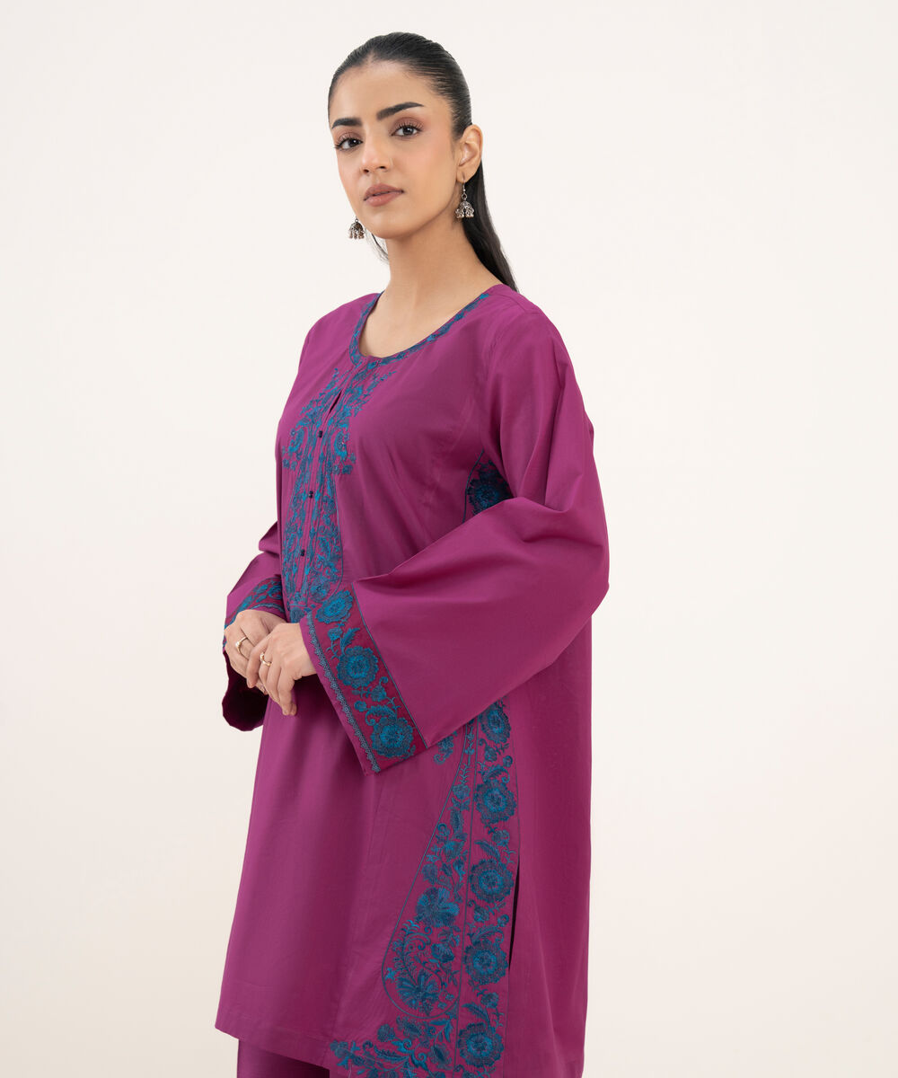 Women's RTW Zari Cotton Embroidered A-Line Pink Shirt