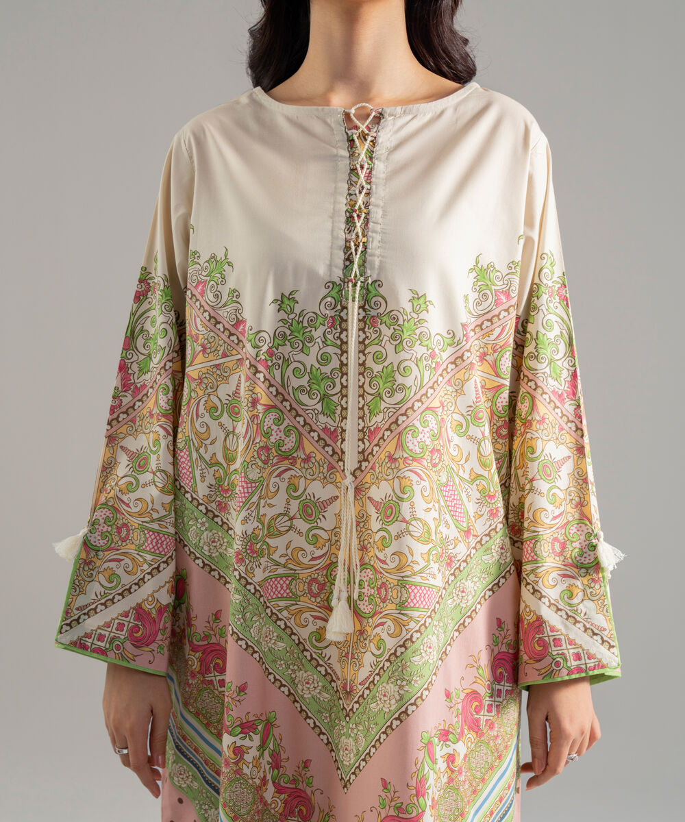 Women's RTW Lawn Printed Beige 2 Piece Suit