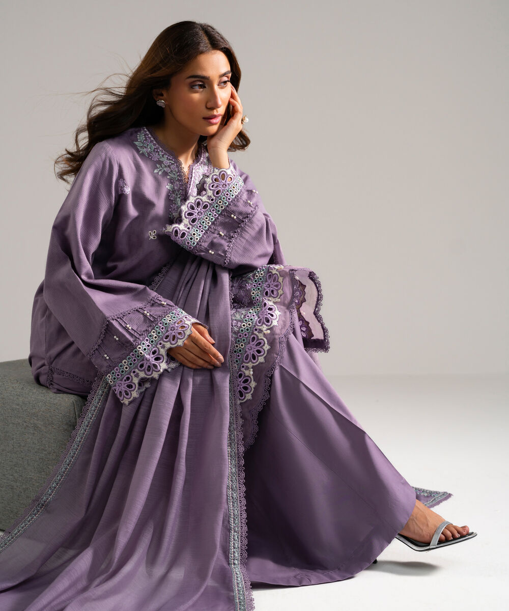 Women's RTW Textured Viscose Embroidered Lavender 3 Piece Suit