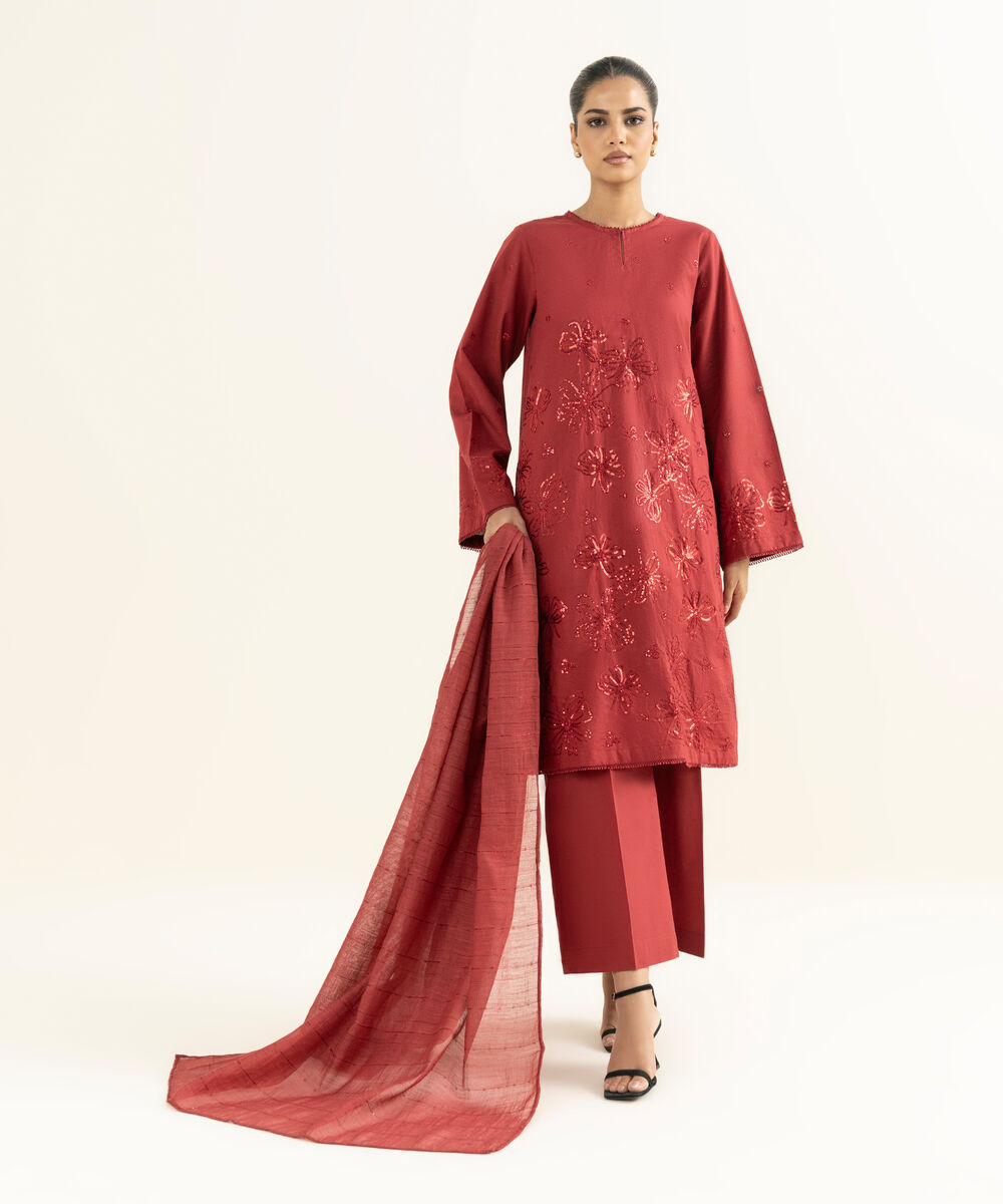 Women's RTW Multineps Embroidered Red Straight Shirt