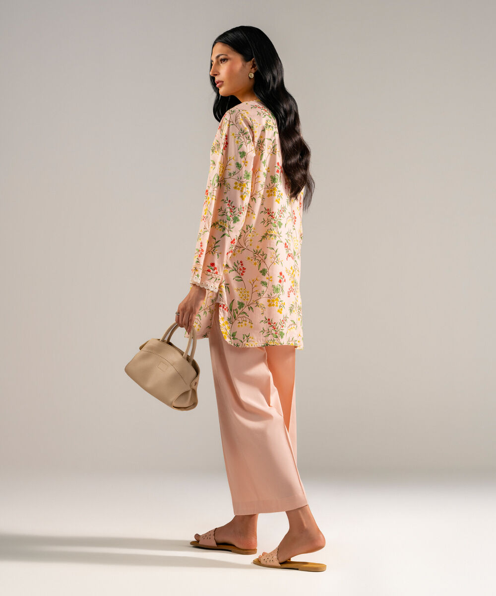 Women's RTW Cotton Viscose Embroidered Peach Straight Shirt