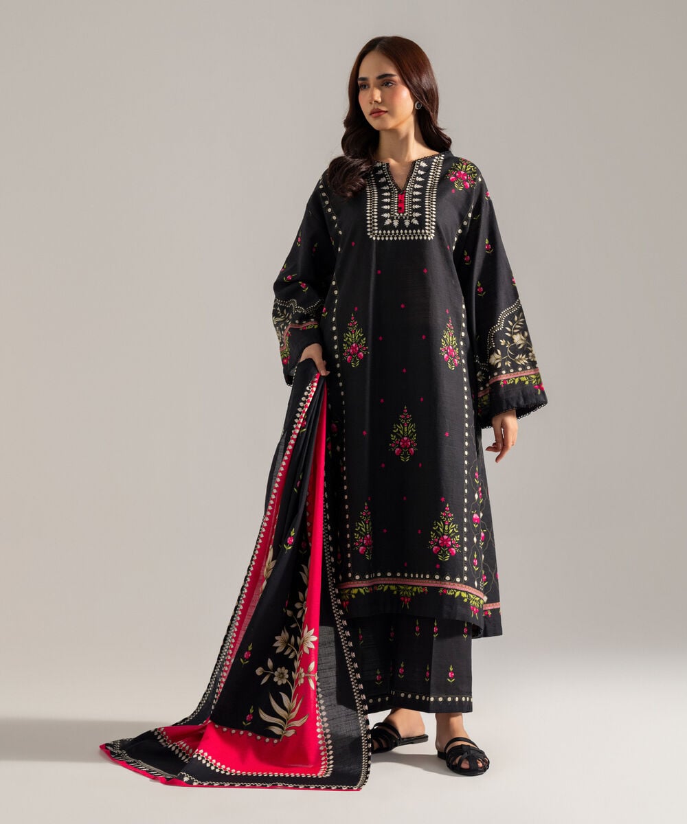 Women's RTW Printed Black Khaddar Dupatta