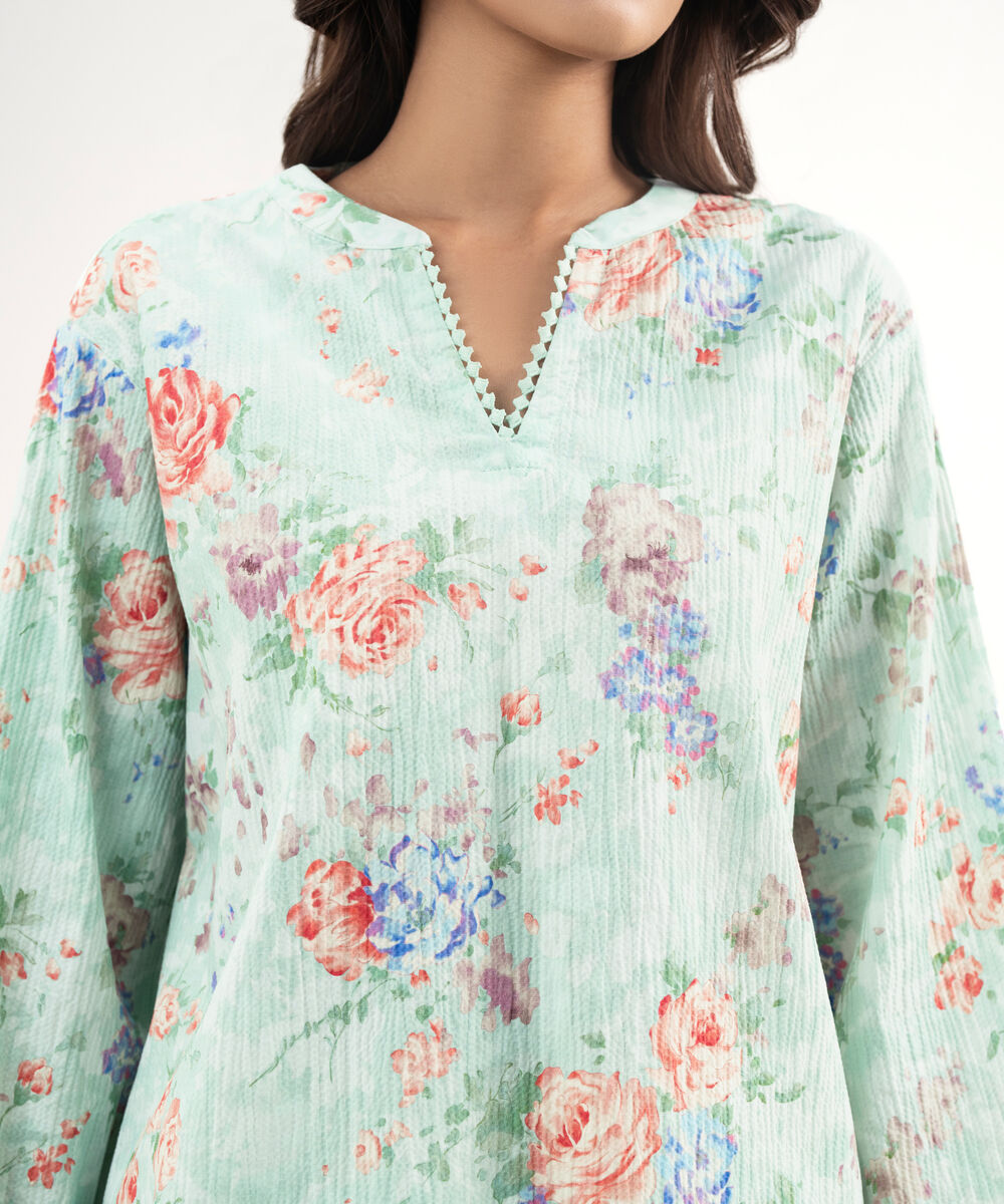 Women's RTW Seersucker Printed Turquoise Straight Shirt