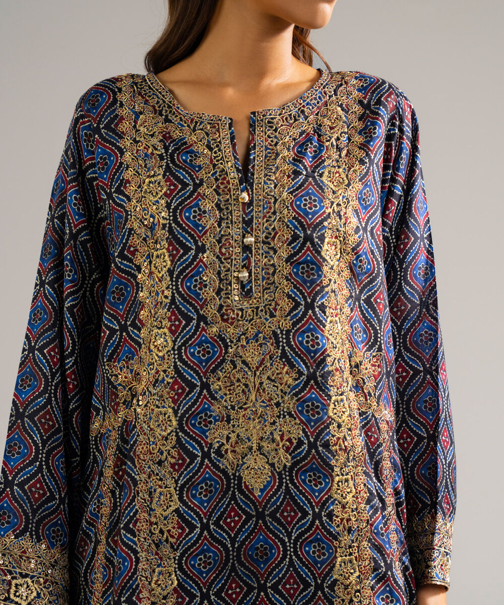 Women's RTW Bright Raw Silk Embroidered Black 3 Piece Suit