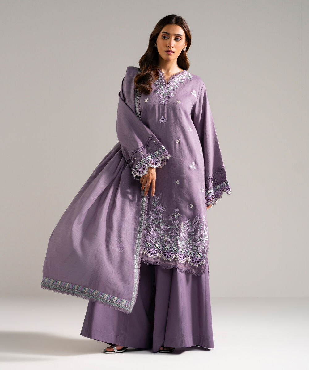 Women's RTW Textured Viscose Embroidered Lavender 3 Piece Suit